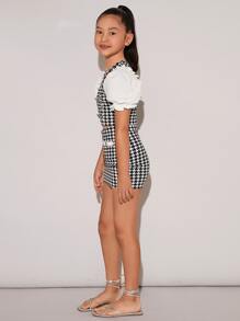SHEIN Tween Girl Houndstooth Button Front Puff Sleeve Crop Top & Skirt - Black and White - View 5
