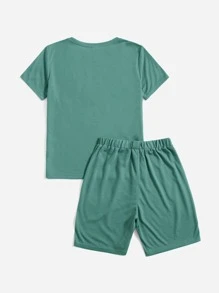SHEIN Cậu bé Tween In Gamepad Áo thun & Đồ họa Chữ cái Quần short - màu xanh lá - Xem 2