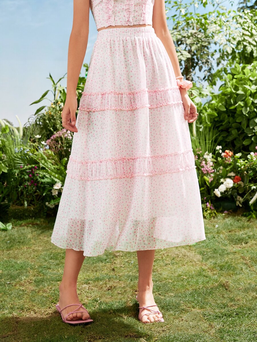 Ditsy Floral Print Ruched Frill Trim Skirt - Multicolor - View 1