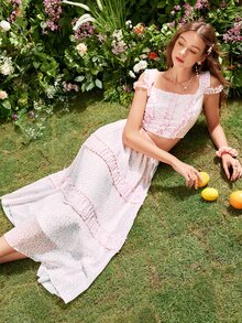 Ditsy Floral Print Ruched Frill Trim Skirt - Multicolor - View 4