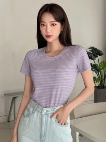 DAZY 雙色格子圓領T恤 - 紫丁香色 - 查看 1