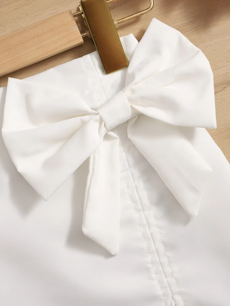 SHEIN Young Girl Casual Chic Decorative Bowknot Solid Color Straight Skirt - White - View 3