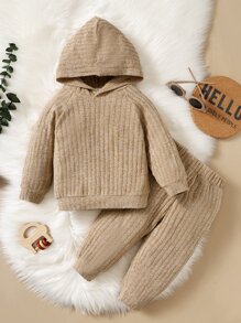 Baby Raglan Sleeve Rib-knit Hoodie & Joggers - Camel - View 1