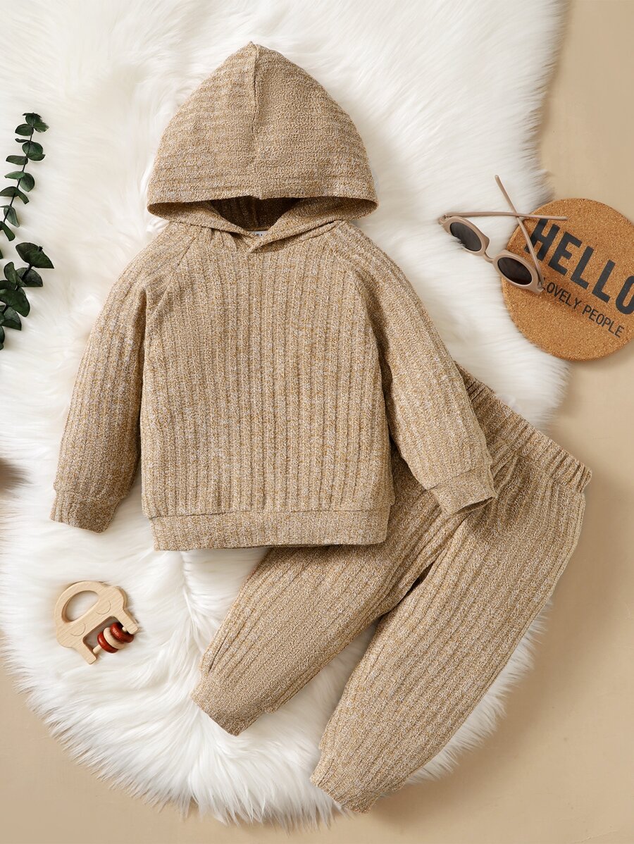 Baby Raglan Sleeve Rib-knit Hoodie & Joggers - Camel - View 1