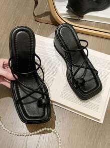 女士夏季新款厚底坡跟黑色休闲凉鞋，度假沙滩鞋，防水厚底拖鞋，日常穿着，旅行必备 - 黑色 - 查看 2