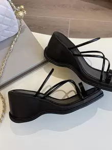 女士夏季新款厚底坡跟黑色休闲凉鞋，度假沙滩鞋，防水厚底拖鞋，日常穿着，旅行必备 - 黑色 - 查看 3