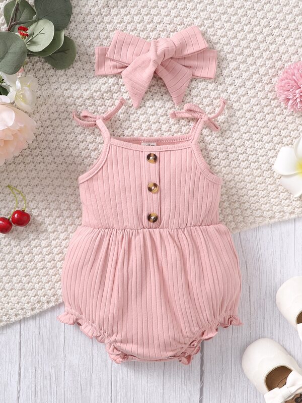 Baby Girl Knot Shoulder Frill Trim Cami Bodysuit With Headband