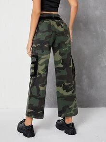 Camo Print Flap Pocket Cargo Jeans - Multicolor - View 2