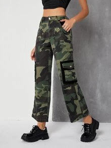 Camo Print Flap Pocket Cargo Jeans - Multicolor - View 5