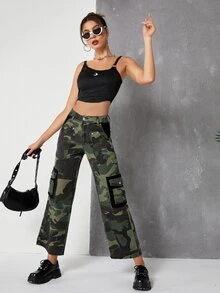 Camo Print Flap Pocket Cargo Jeans - Multicolor - View 4