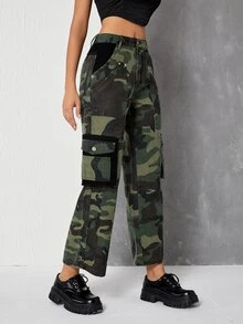 Camo Print Flap Pocket Cargo Jeans - Multicolor - View 6