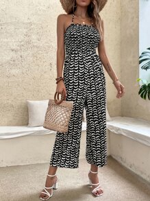 Allover Print Shirred Tie Back Halter Jumpsuit - Black - View 1