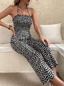 Allover Print Shirred Tie Back Halter Jumpsuit - Black - View 6