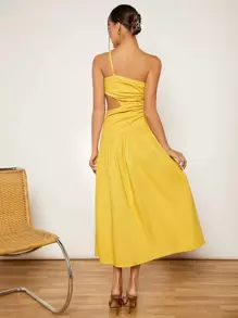 SHEIN VCAY Vestido de un hombro con abertura fruncido - Amarillo - Ver 2