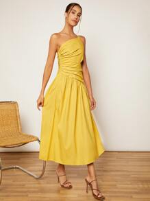 SHEIN VCAY Vestido de un hombro con abertura fruncido - Amarillo - Ver 3