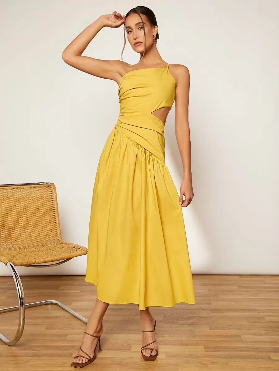 SHEIN VCAY Vestido de un hombro con abertura fruncido - Amarillo - Ver 1