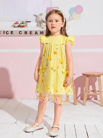 SHEIN Toddler Girls Butterfly Sleeve Floral Embroidery Mesh Hem Dress