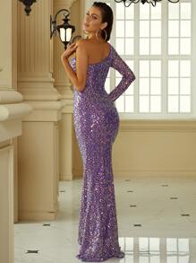 Missord 單肩側收褶亮片舞會連衣裙 - 紫羅蘭色 - 查看 2