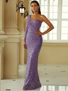 Missord 單肩側收褶亮片舞會連衣裙 - 紫羅蘭色 - 查看 4