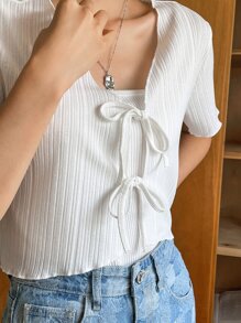 DAZY 1件打結前綁蝴蝶結萵苣邊t恤 - 白色 - 查看 5