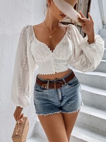 Breezaya Áo sơ mi nữ Nút phía trước màu trơn Boho - trắng - Xem 2