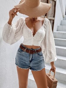 Breezaya Áo sơ mi nữ Nút phía trước màu trơn Boho - trắng - Xem 5