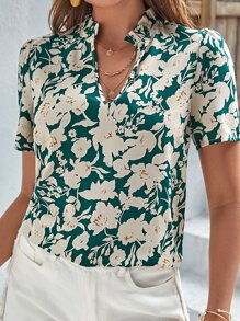 SHEIN Clasi Blusa con estampado floral fruncido de cuello de muesca de manga farol - Multicolor - Ver 2