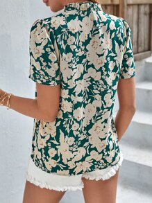SHEIN Clasi Blusa con estampado floral fruncido de cuello de muesca de manga farol - Multicolor - Ver 5