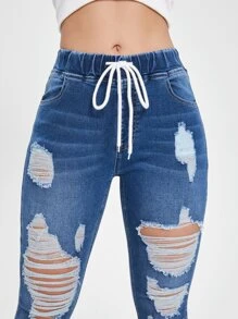 SHEIN Essnce Cut Out Drawstring Waist Ripped Raw Hem Skinny Jeans - Medium Wash - View 5