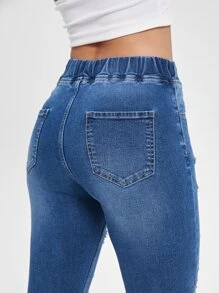 SHEIN Essnce Cut Out Drawstring Waist Ripped Raw Hem Skinny Jeans - Medium Wash - View 6