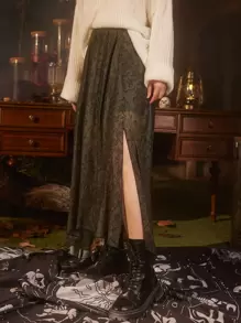 ROMWE Hippie 巴洛克風格圖案高衩半身裙 - 軍綠色 - 查看 1