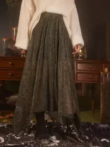 ROMWE Hippie 巴洛克風格圖案高衩半身裙 - 軍綠色 - 查看 2