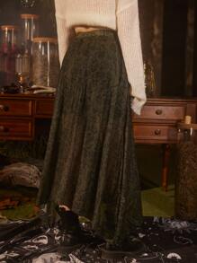 ROMWE Hippie 巴洛克風格圖案高衩半身裙 - 軍綠色 - 查看 5