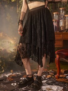 ROMWE Hippie 花卉蕾絲不對稱半身裙 - 黑色 - 查看 4