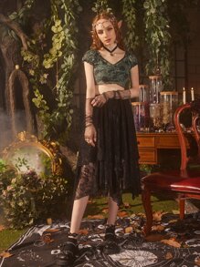 ROMWE Hippie 花卉蕾絲不對稱半身裙 - 黑色 - 查看 3