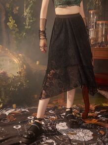 ROMWE Hippie 花卉蕾絲不對稱半身裙 - 黑色 - 查看 6