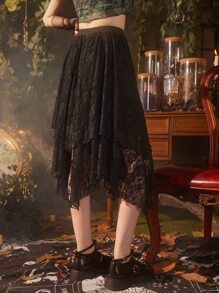 ROMWE Hippie 花卉蕾絲不對稱半身裙 - 黑色 - 查看 2