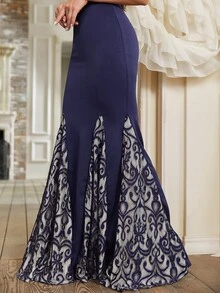 YISIKADO Contrast Lace Mermaid Hem Prom Dress - Navy Blue - View 7
