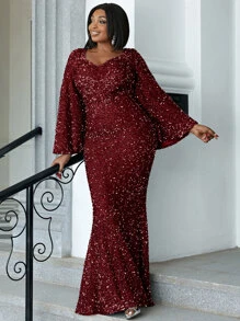 seomiscky Kleid mit Sweetheart Ausschnitt, Volant, Kontrast Pailletten Ärmel