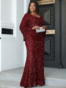 seomiscky Kleid mit Sweetheart Ausschnitt, Volant, Kontrast Pailletten Ärmel