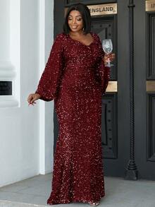 seomiscky Kleid mit Sweetheart Ausschnitt, Volant, Kontrast Pailletten Ärmel