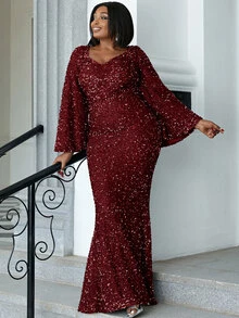 seomiscky Kleid mit Sweetheart Ausschnitt, Volant, Kontrast Pailletten Ärmel