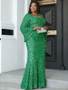 seomiscky Plus Sweetheart Neck Flounce Contrast Sequins Sleeve Dress - Green - View 4