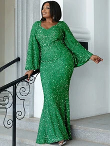 seomiscky Plus Sweetheart Neck Flounce Contrast Sequins Sleeve Dress - Green - View 5