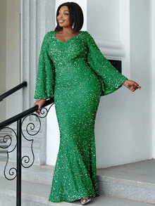 seomiscky Plus Sweetheart Neck Flounce Contrast Sequins Sleeve Dress - Green - View 6