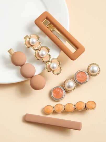 6pcs Faux Pearl & Flower Decor Hair Clip