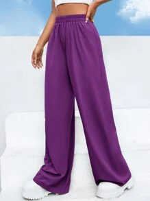 Muchica High Waist Solid Wide Leg Pants - Violet Purple - View 5