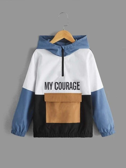 SHEIN Boys Letter Graphic Colorblock Flap Pocket Hooded Windbreaker Jacket