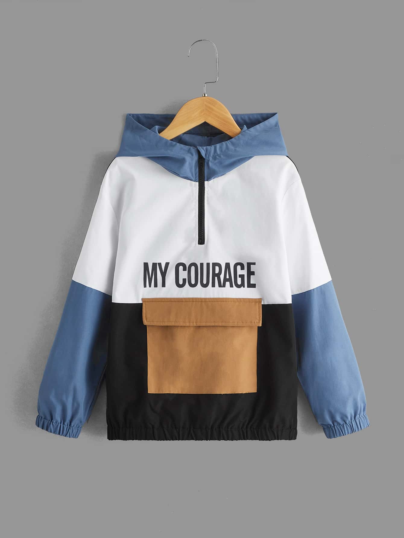 SHEIN Boys Letter Graphic Colorblock Flap Pocket Hooded Windbreaker Jacket - Multicolor - View 1