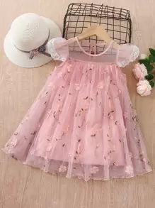 SHEIN Toddler Girls Floral Embroidery Mesh Overlay Appliques Dress - Pink - View 1